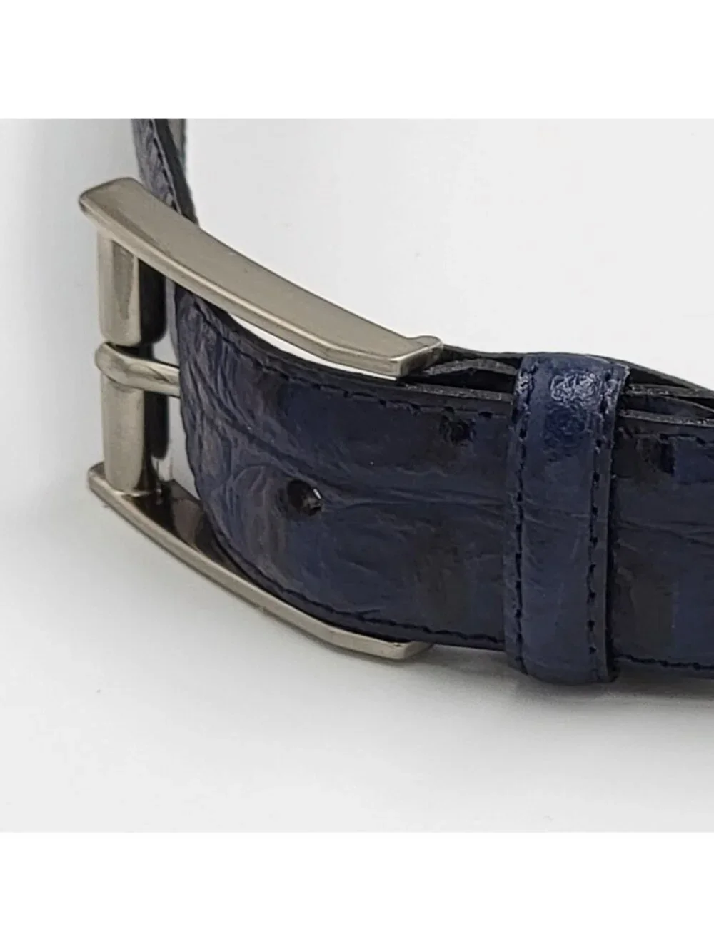 Vtg Giorgio Brutini Genuine Navy Blue Leather Belt With Embossed Texture & Silve